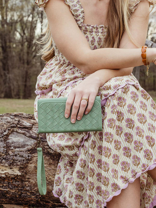 Large Woven Leather Wristlet Wallet- Sage Green