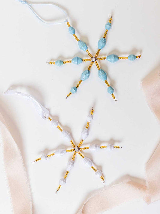 Beaded Snowflake Ornament Set- Blue and White