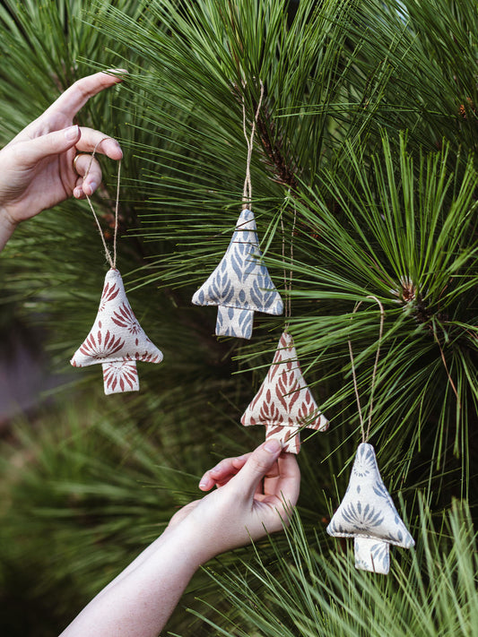 Block Printed Christmas Tree Ornament Set of 4