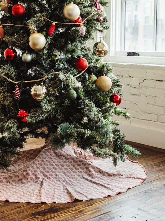 Red and Tan Block Print Cotton Tree Skirt