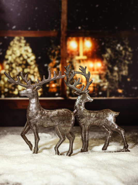 Pair Of Standing Silver Reindeer
