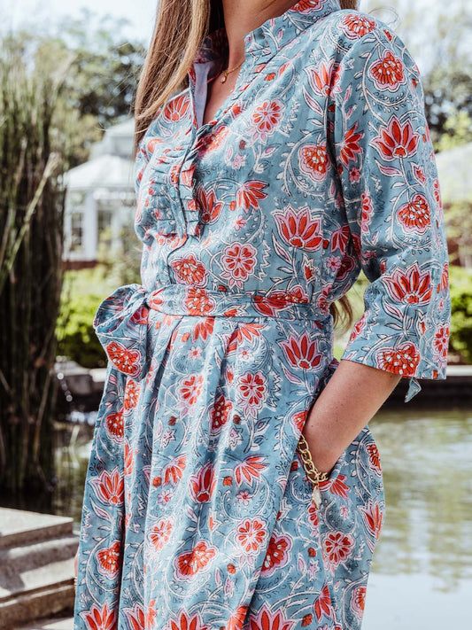 Tangerine Astra Block Print Cotton Dress
