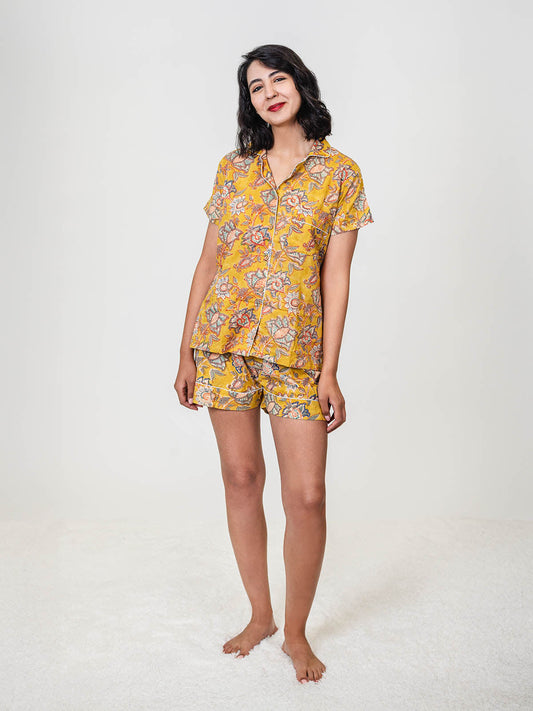 Canary Blooms Block Print Pajama Shorts Set